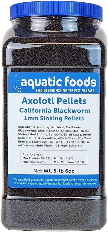 Aquatic Foods Inc. Axolotl Blackworm Pellets. 1mm-1/32 Sinking California Blackworm Micro Pellets for Baby Axolotl, Frogs, Shrimp, Salamanders, Newts, Snailsā¦5-lbs 6oz Jar
