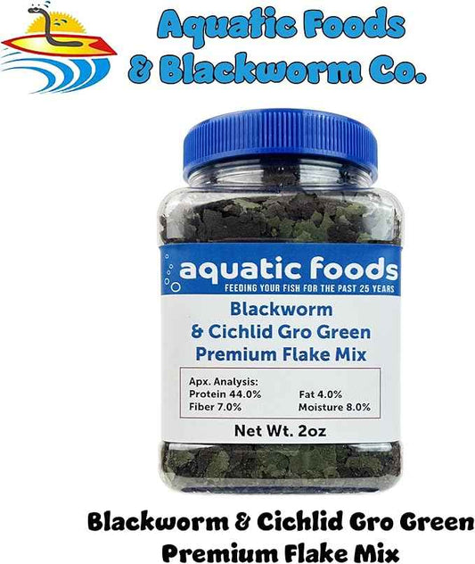 Aquatic Foods Inc. California Blackworm & Cichlid Green GRO Premium Flakes for Discus, Cichlids All Community Tropical Fish Also Pellet Mix, Wafer Mix Includedā¦2oz