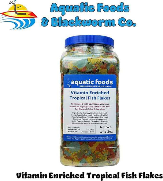 Aquatic Foods Inc. Premium Vitamin Enriched Tropical Fish Flakes, Vitamin Pack, Krill, Color Enhancing, Spirulina Flakes for All Tropical Fish Also Pellet Mix, Wafer Mix Includedā¦1-lb 2oz