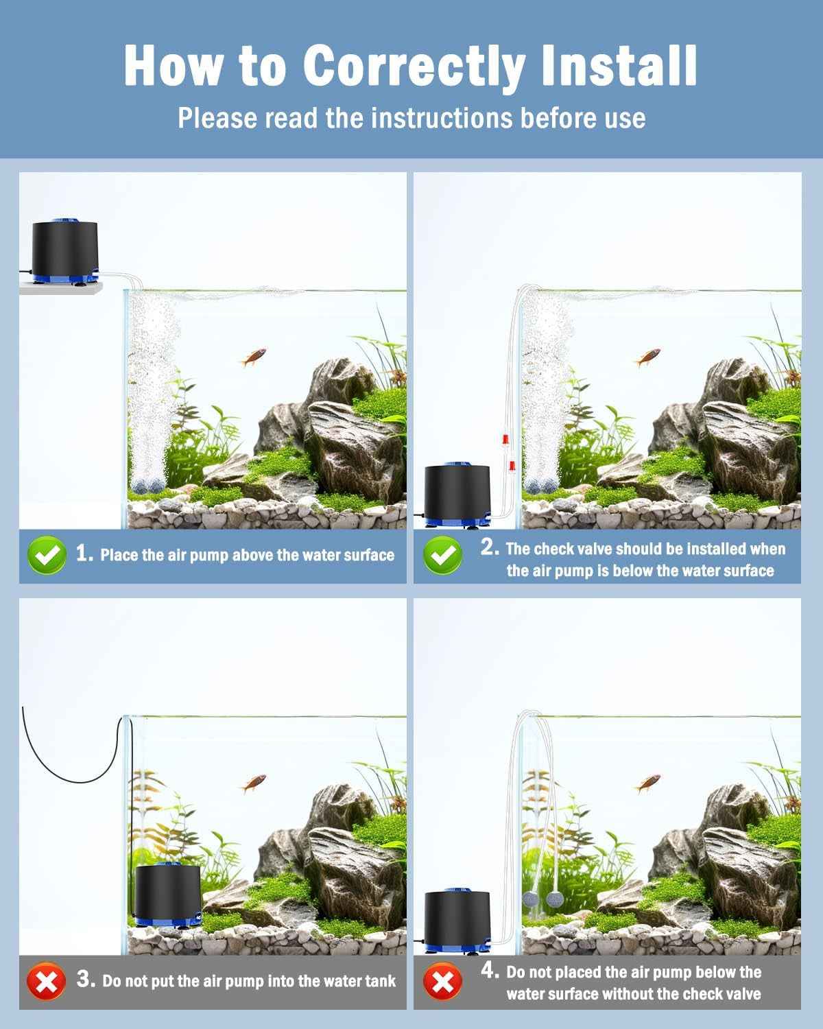 3W/6W/10W Aquarium Air Pump Quiet Dual Outlet Adjustable 80-200 Gallon Aerator