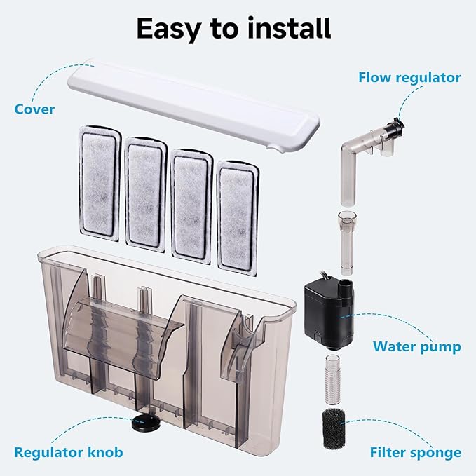 AQQA Quiet 30-50 Gallon Aquarium Filter: Auto Start Hang on Back Aquarium Filter with Adjustable Flow (8W 200GPH)