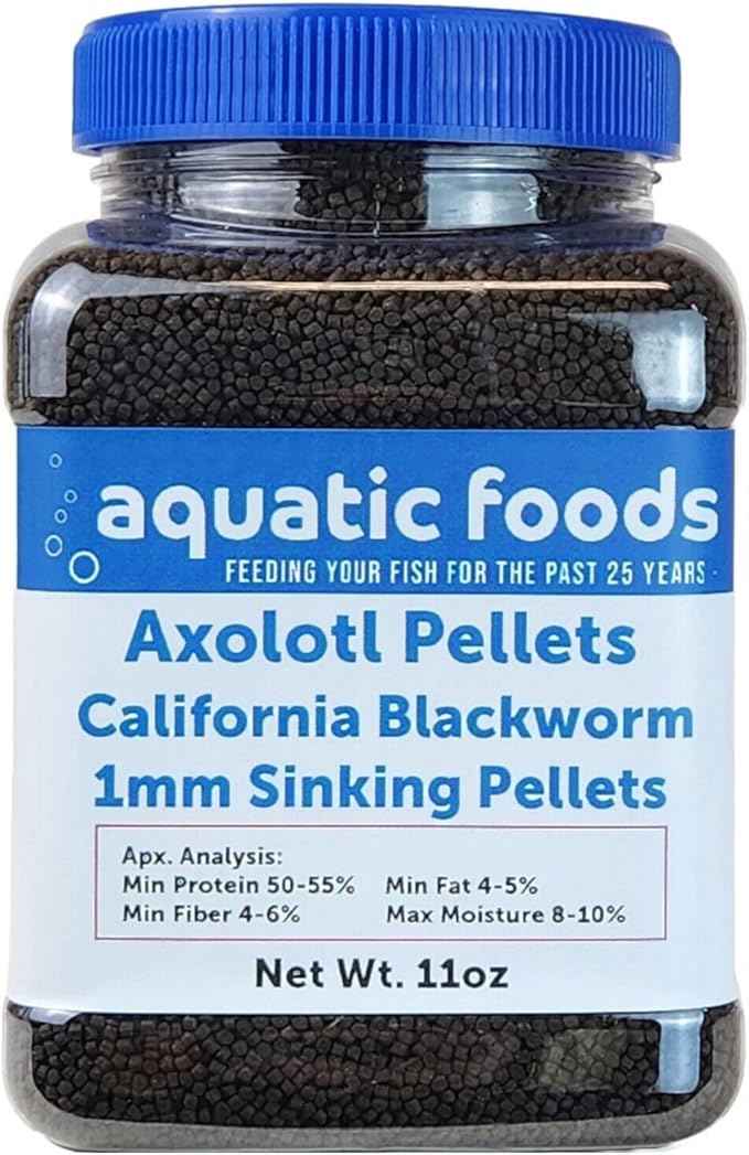 Aquatic Foods Inc. Axolotl Blackworm Pellets. 1mm-1/32 Sinking California Blackworm Micro Pellets for Baby Axolotl, Frogs, Shrimp, Salamanders, Newts, Snails…11oz Jar