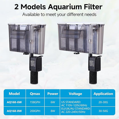 AQQA Quiet 30-50 Gallon Aquarium Filter: Auto Start Hang on Back Aquarium Filter with Adjustable Flow (8W 200GPH)