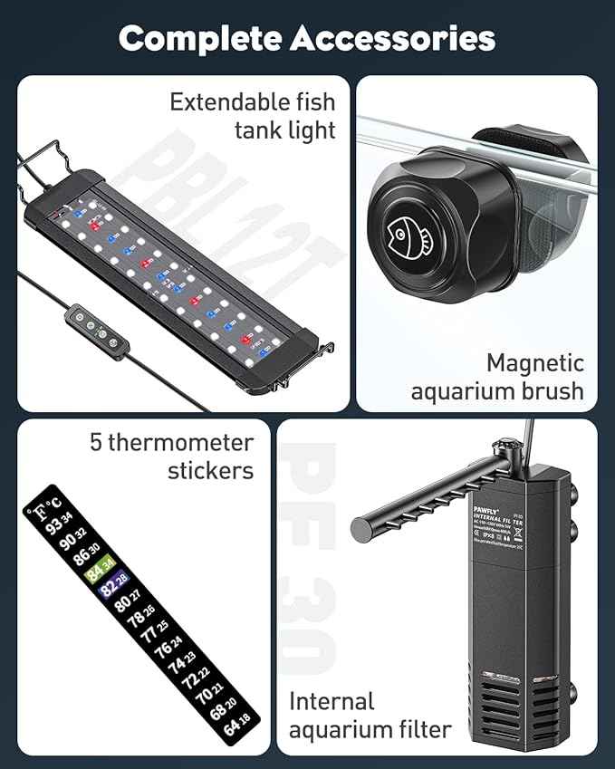 Pawfly 5 Gallon Fish Tank Ultra Clear Rimless Glass Aquarium Kit with Extendable LED Light Internal Filter Magnetic Brush & Thermometer Stickers Rectangular Glass Fish Tank Kit for Bettas, Shrimp, Plants