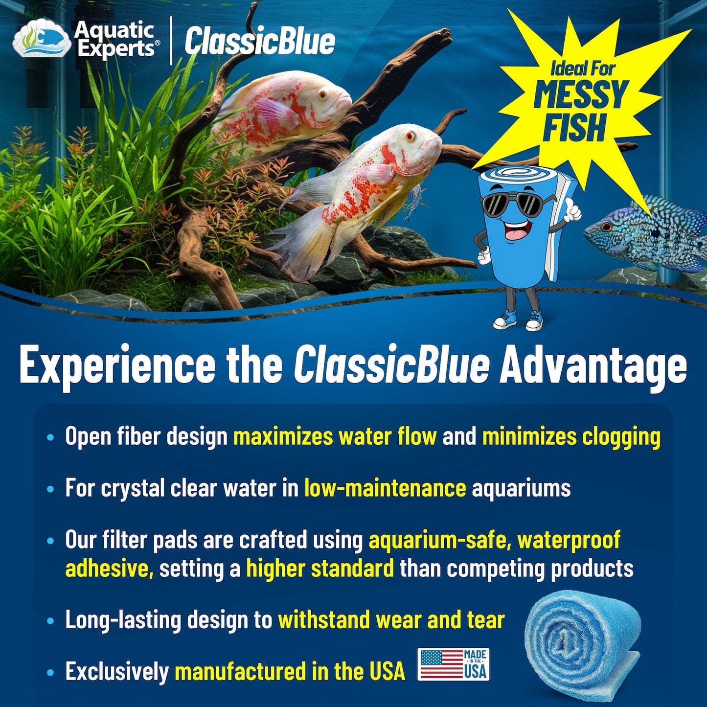 ClassicBlue Aquarium Filter Pad Roll Blue White Bonded Cut to Fit Bulk