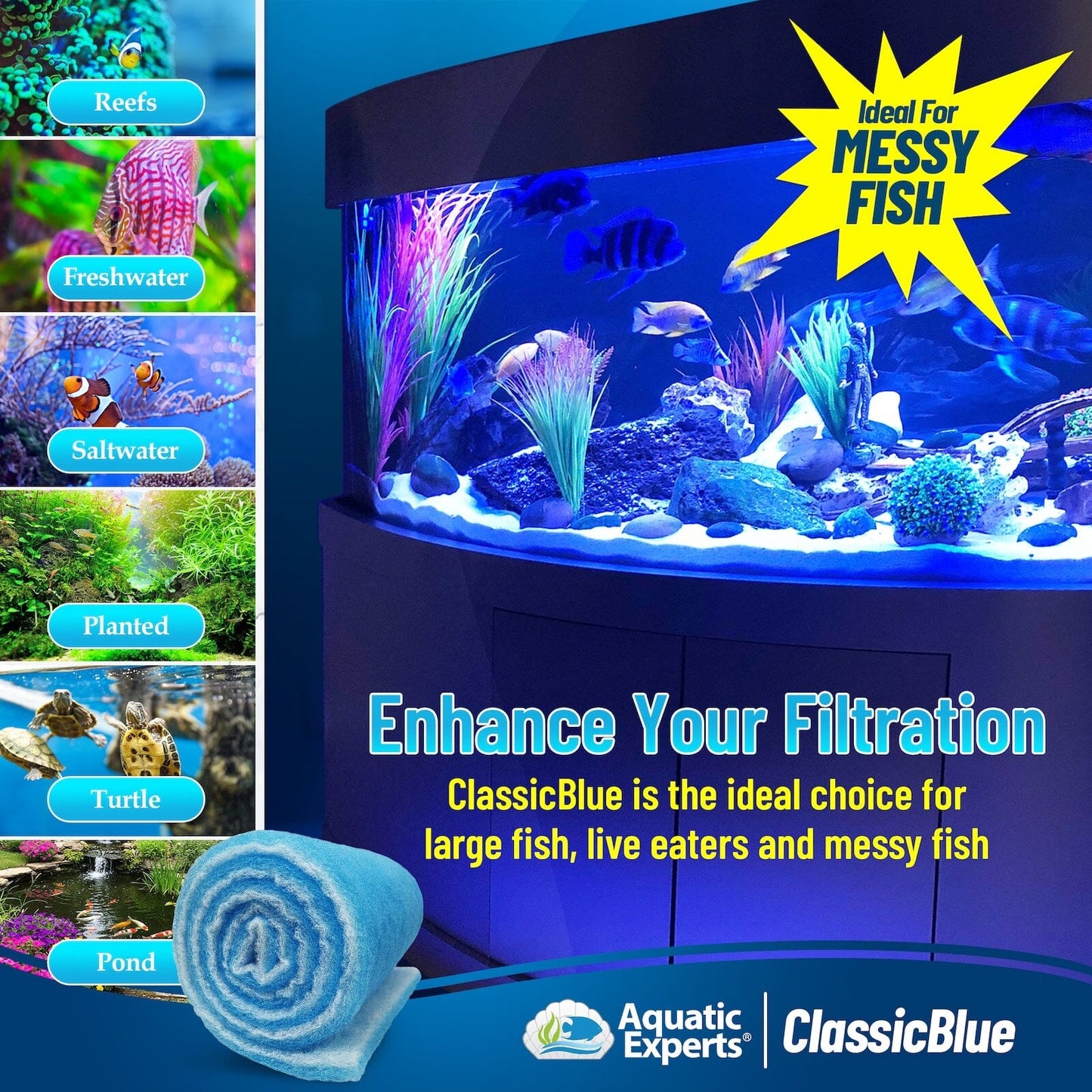 ClassicBlue Aquarium Filter Pad Roll Blue White Bonded Cut to Fit Bulk
