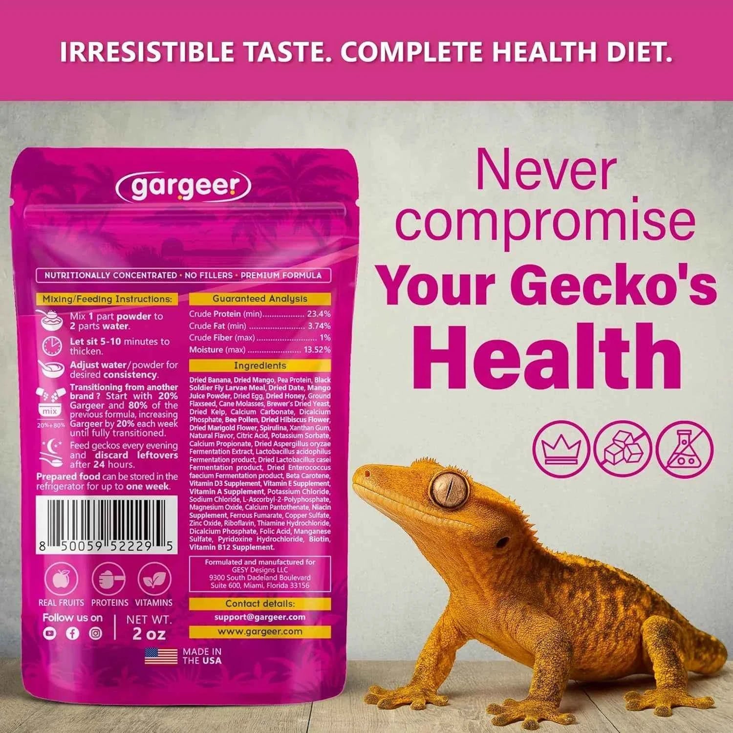 Gargeer 'Picky Geck' Growth - Premium Crested Gecko Food | High-Protein Formula for Bone & Muscle Support