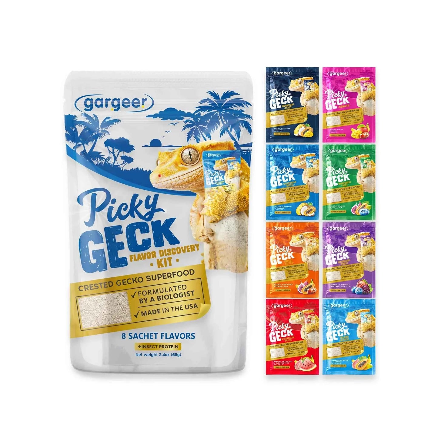 Gargeer 'Picky Geck' Discovery Kit | 8 Sachet Flavors to Test and Enjoy | Real Fruit & Insect Protein | No Fillers - Only Premium Ingredients